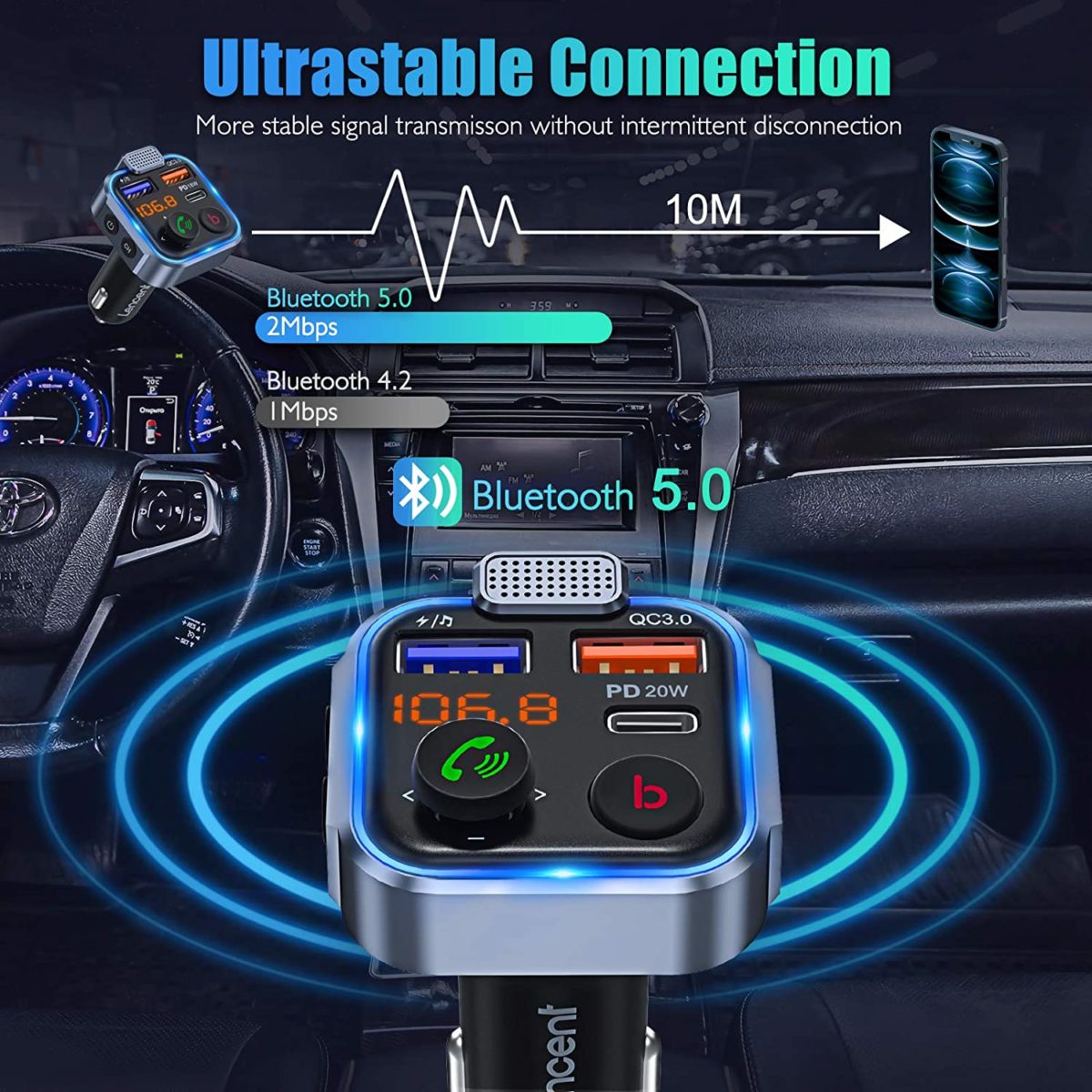 Transmetteur FM Bluetooth, Bluetooth Lecteur MP3 LUMINEUX – Image 4