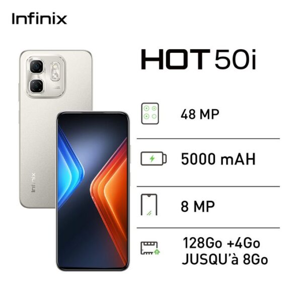 Infinix HOT 50i - 6,78" - 128Go + 4Go - 8 MP - 5000 MAh - Gris