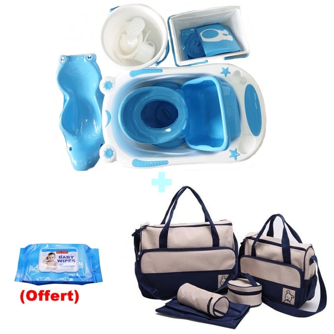 Ensemble Baignoire + Sac à langer 5 Pièces et Lingette Offerte - Bleu – Image 1