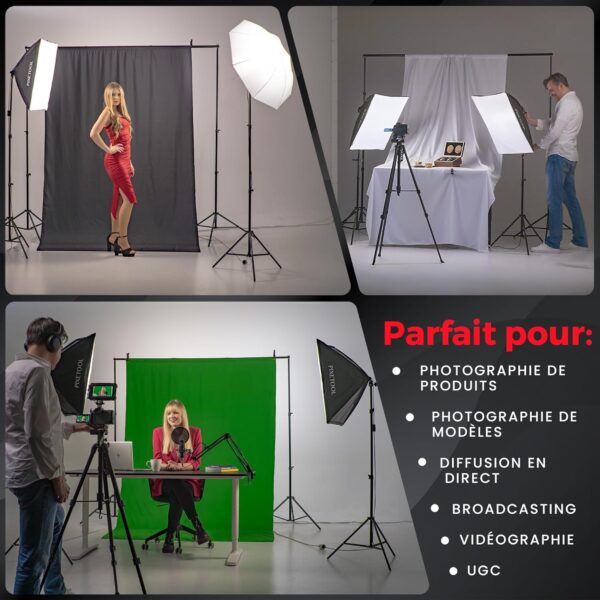 Model in a red dress posing in a photography studio with multiple lights and backdrops.