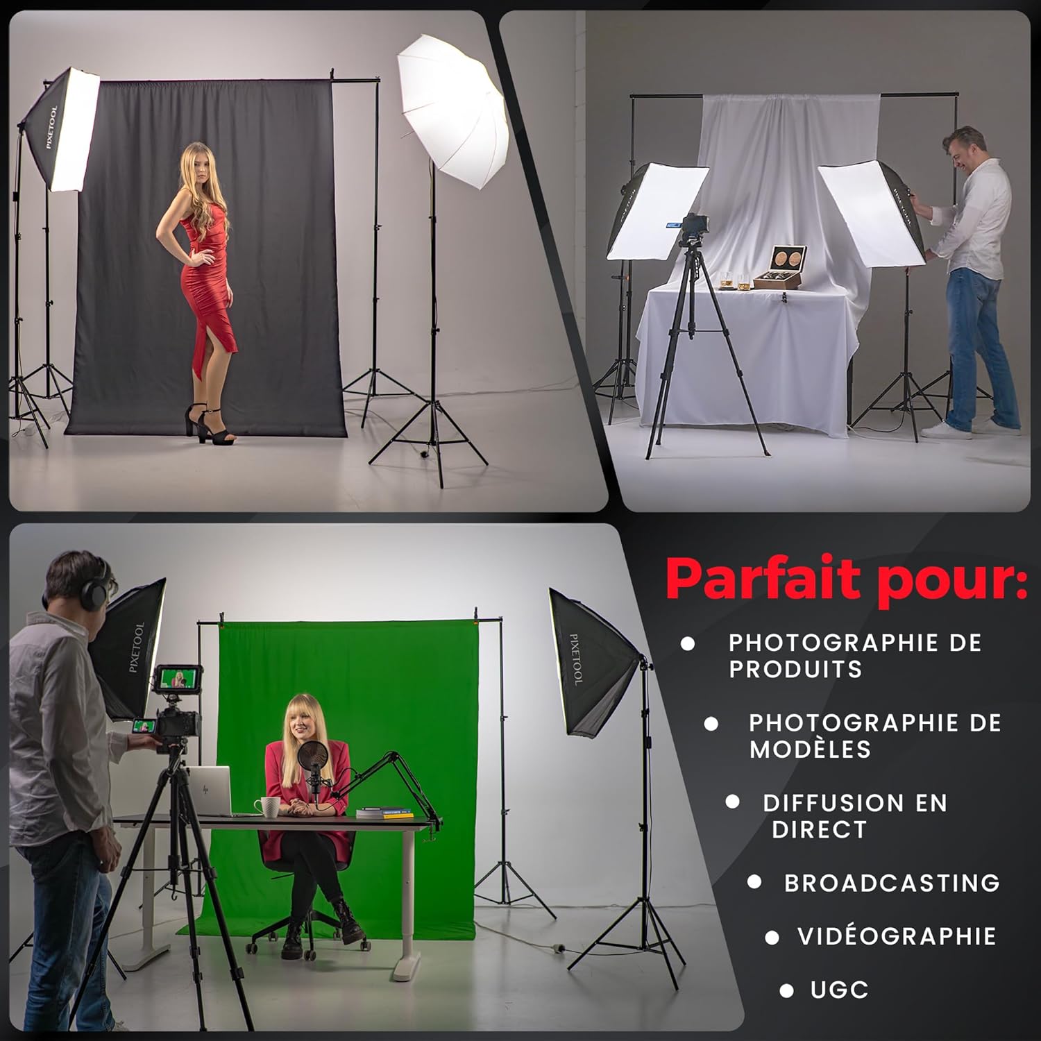 Model in a red dress posing in a photography studio with multiple lights and backdrops.