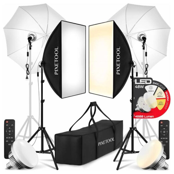 Two softbox lights on stands with LED panels, plus floor bulbs, remotes, and a black carrying bag for a photography studio kit.