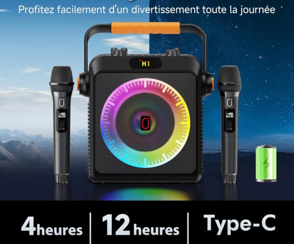 Portable speaker with two wireless microphones and a colorful rainbow LED ring in the center. Battery banner text hints at 5000 mAh capacity (advertisement).