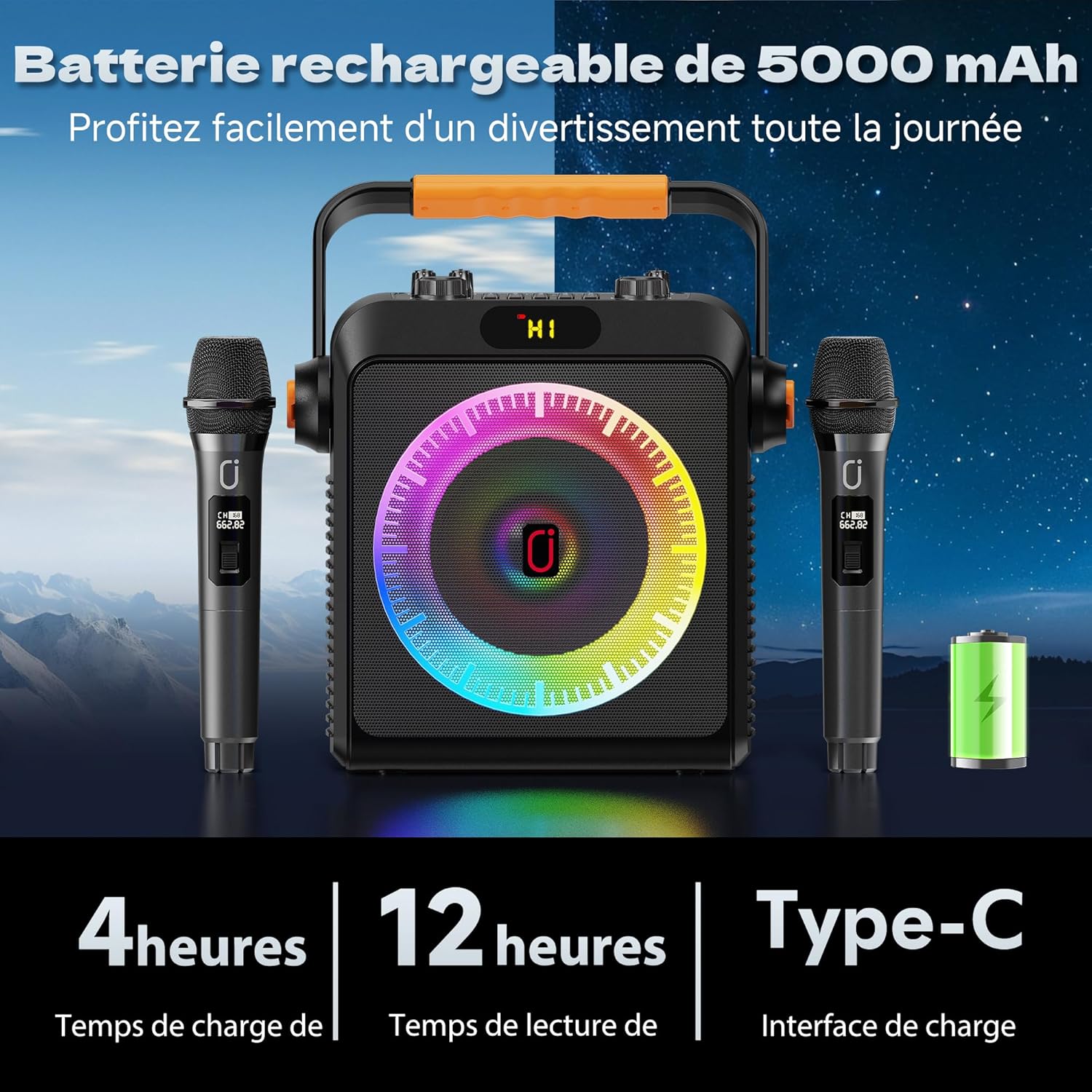 Portable speaker with two wireless microphones and a colorful rainbow LED ring in the center. Battery banner text hints at 5000 mAh capacity (advertisement).