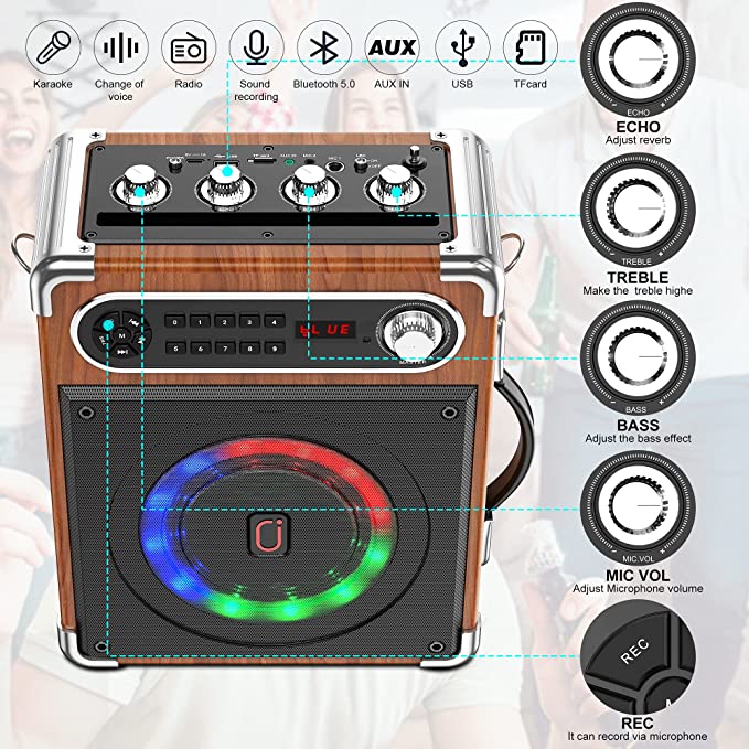 Karaoke Micro sans Fil avec Haut-Parleur Bluetooth, Bouton Selfie,  Enregistreur Vocal et Carte SD, Effets Vocaux et Echo, Télécommande, pour  Enfants