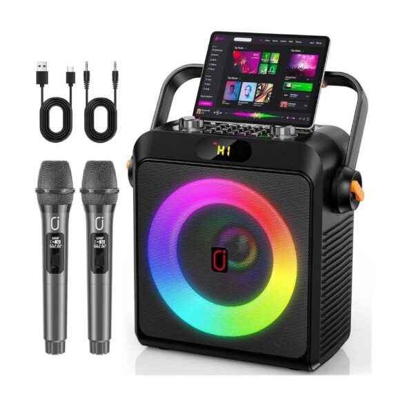Portable karaoke speaker with rainbow LED ring, tablet screen on top, two wireless mics, and cables included