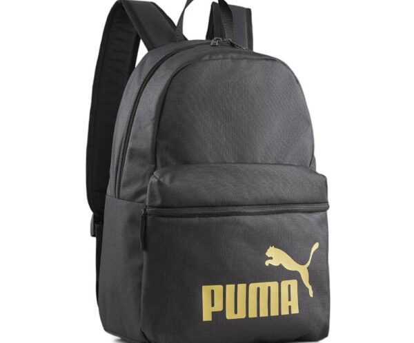 Dark gray Puma backpack with front zip pocket and gold logo on the lower front panel.