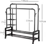 Portant à vêtements en métal Aewio à deux barres avec roulettes et étagère à chaussures à deux niveaux, 3 compartiments latéraux (120 cm, noir) – Image 4
