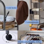 Portant à vêtements en métal Aewio à deux barres avec roulettes et étagère à chaussures à deux niveaux, 3 compartiments latéraux (120 cm, noir) – Image 2