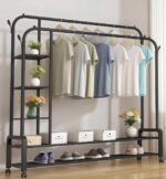 Portant à vêtements en métal Aewio à deux barres avec roulettes et étagère à chaussures à deux niveaux, 3 compartiments latéraux (120 cm, noir)