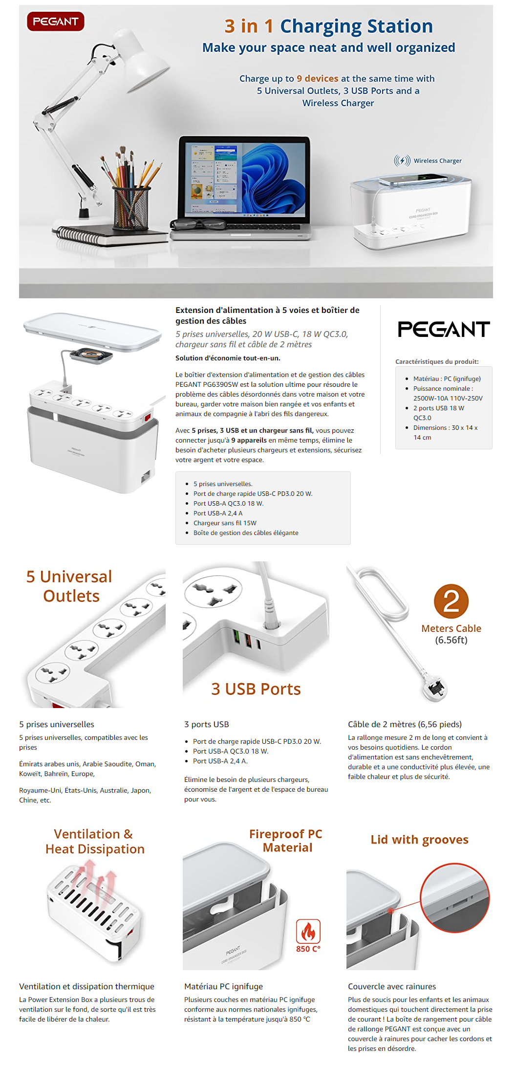 Chargeur induction universel Multi-prises avec 3 ports USB - 3 Prises