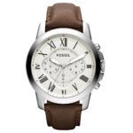 Fossil men's wristwatch with white dial, Roman numerals, three subdials, and a brown leather strap.