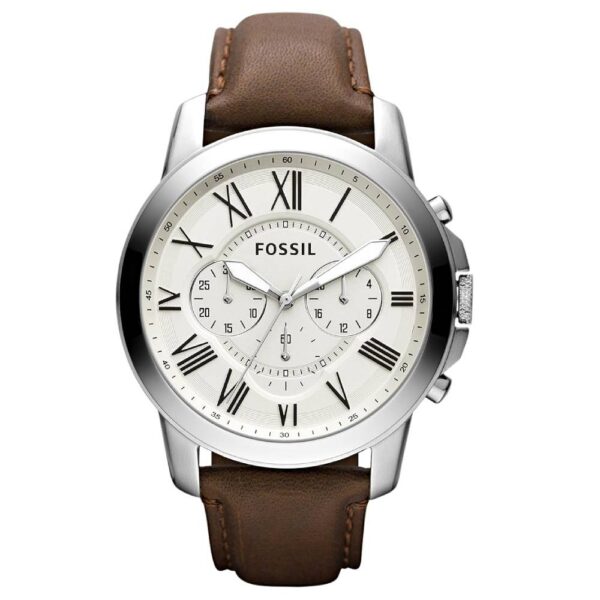 Fossil men's wristwatch with white dial, Roman numerals, three subdials, and a brown leather strap.