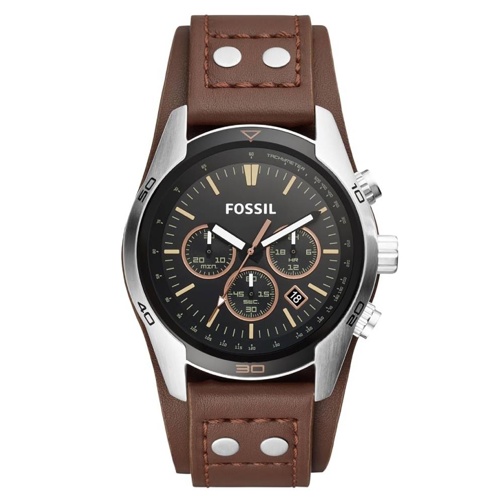 Fossil chronograph wristwatch with black dial, rose-gold subdials, and brown leather strap.