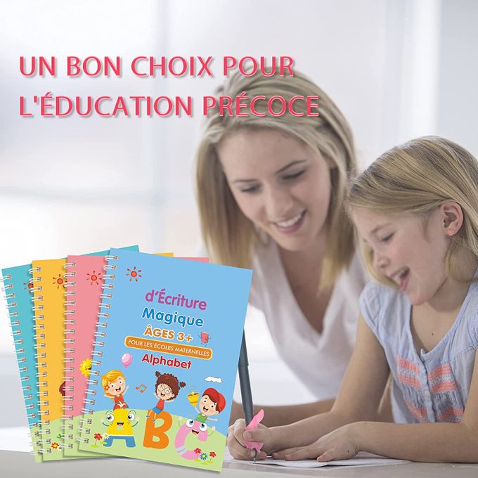Cahiers Calligraphie Magique Enfant - 4 Carnets Réutilisables - Apprentissage Écriture - Stylo Effaçable