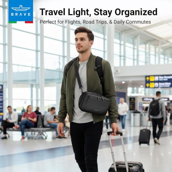 Pochette BRAVE Tech avec bandoulière et double poignée | Sacoche fine de 9 cm pour appareils électroniques | Étui antichoc et étanche pour chargeurs, écouteurs, batterie externe et accessoires de voyage - Noir