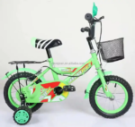 Green kids' bicycle with training wheels, a front basket, and neon green frame with black details on a white background.
