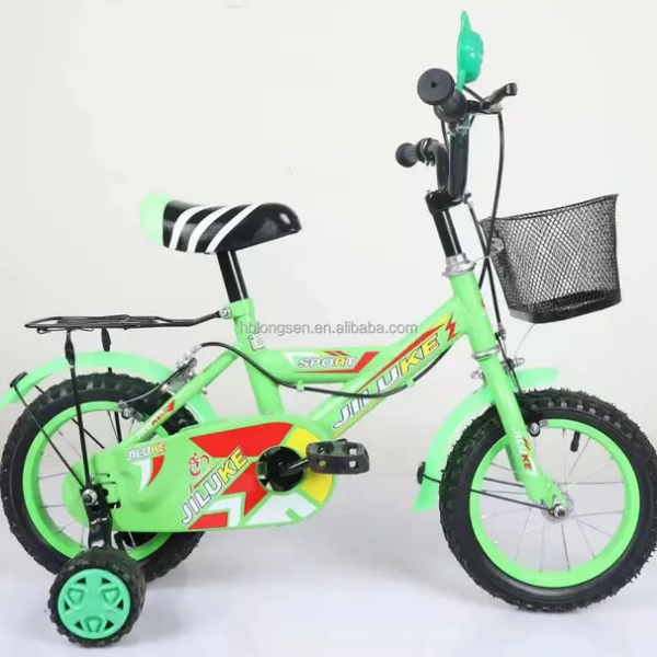 Green kids' bicycle with training wheels, a front basket, and neon green frame with black details on a white background.