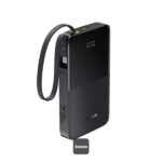 Baseus portable power bank with strap, black two-tone finish, LED display of charge, and dual ports.