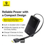 Baseus EnerFill FC5T Bipow 2 Pro Digital Display Power Bank with built-in braided USB-C cable, 10000mAh, charging up to 3 devices at once, 22.5W wired charging (angled product image).