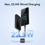 Baseus 22.5W wired charging setup charging two smartphones, with a large blue '22.5W' graphic on a light blue background.
