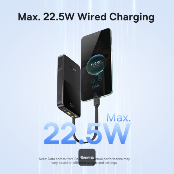 Baseus 22.5W wired charging setup charging two smartphones, with a large blue '22.5W' graphic on a light blue background.