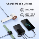 Infographic: charge up to 3 devices using USB-A and USB-C outputs; shows a power bank, smartwatch, earphones, and a smartphone.