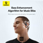 Ad for Baseus Bass Enhancement Algorithm: man wearing wireless earbud; Baseus logo at top left and slogan in background.
