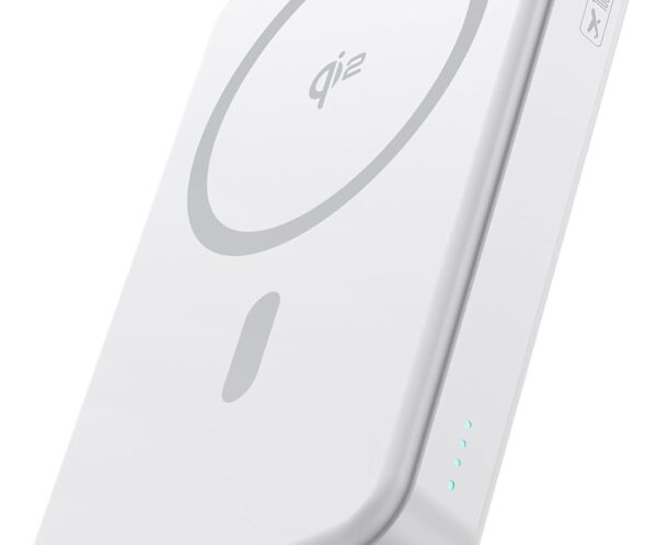 White wireless charging power bank with a circular Qi pad on top and four blue LEDs along the side.