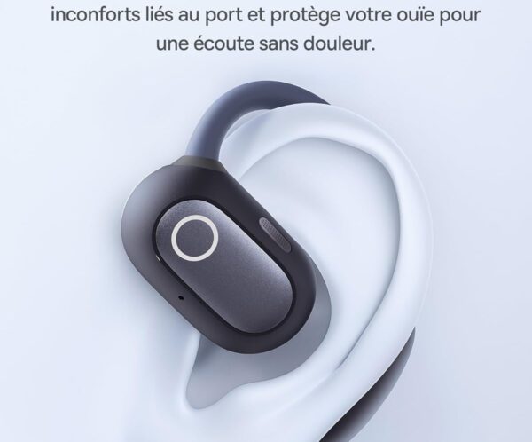 Stylized ear with an over-ear open-ear headset; French marketing text about open-ear design.