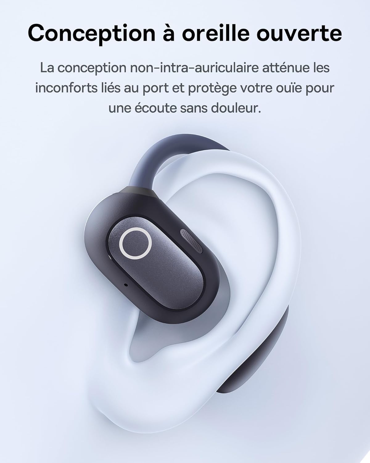 Stylized ear with an over-ear open-ear headset; French marketing text about open-ear design.