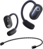 Wireless neckband earphones with in-ear buds and a braided cable in the foreground (dark blue/black). Progressive neckband design implies Bluetooth stereo headphones for on-the-go use.