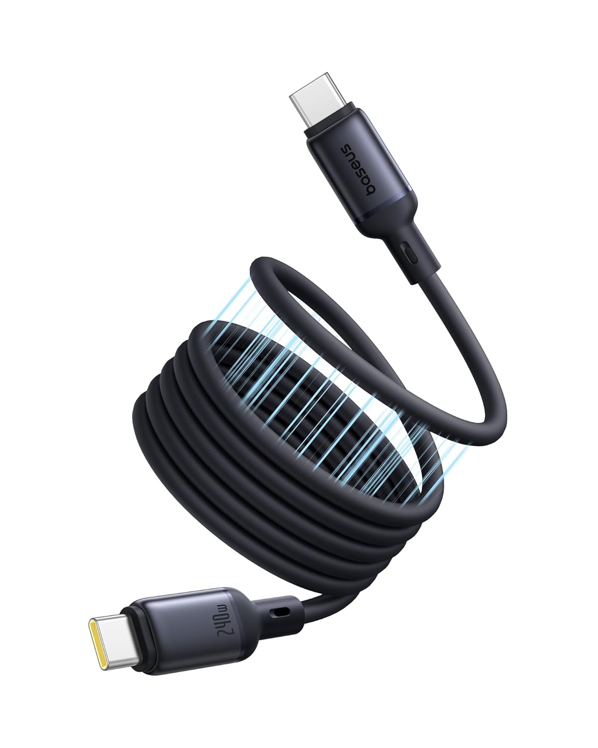 Coiled magnetic charging cable with USB-C and Lightning/USB-C ends, shown in a compact spiral.