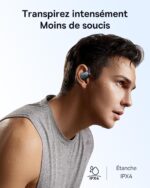 Man wearing wireless in-ear earbuds; sweat droplets imply workout use and IPX4 waterproof rating (water resistance).