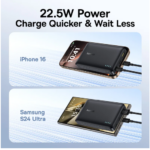 Promo graphic advertising 22.5W power for faster charging; two phones (iPhone 16 and Samsung S24 Ultra) charging on a portable power bank.