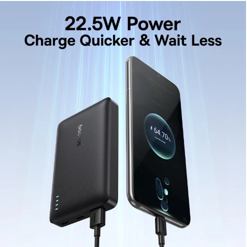 Black portable charger connected to a smartphone, promoting 22.5W fast charging.