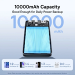 Power bank with blue-lit internal cells, highlighting a 10000 mAh capacity for daily backup; bottom row shows device charging stats.