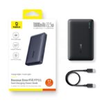 Baseus EnerFill FP21 10000mAh portable power bank with USB-C cable next to its white packaging box.