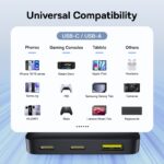 Infographic showing Universal Compatibility for USB-C/USB-A devices with phones, consoles, tablets, and others, plus a multi-port hub image at bottom