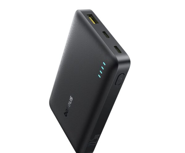 Black slim portable power bank with four blue LED indicators and a USB port on the top edge (textured surface).