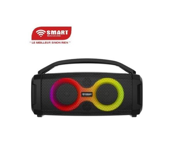 Black portable Bluetooth speaker with two rainbow RGB ring LEDs and a top handle (Smart brand).