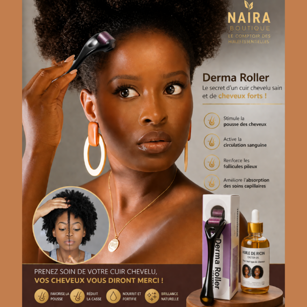 Promotional image for Naira Boutique Derma Roller: woman using a roller on her scalp with a product box and castor oil bottle beside, and an inset photo of a woman with natural hair.
