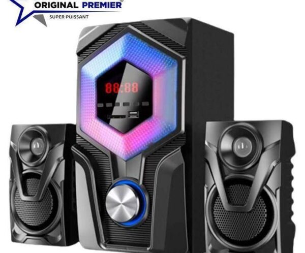 Original Premier 2.1 multimedia speaker system with a central LED-lit subwoofer and two satellite speakers, black with blue ring detail.