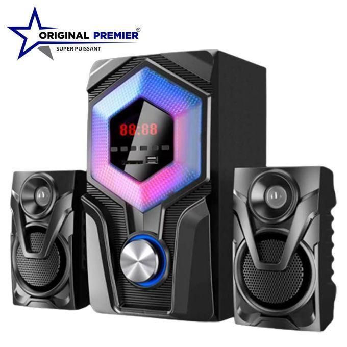 Original Premier 2.1 multimedia speaker system with a central LED-lit subwoofer and two satellite speakers, black with blue ring detail.