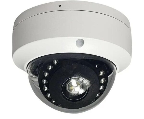 White dome security camera with a black lens and infrared LEDs around the ring