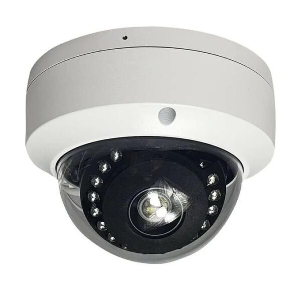 White dome security camera with a black lens and infrared LEDs around the ring