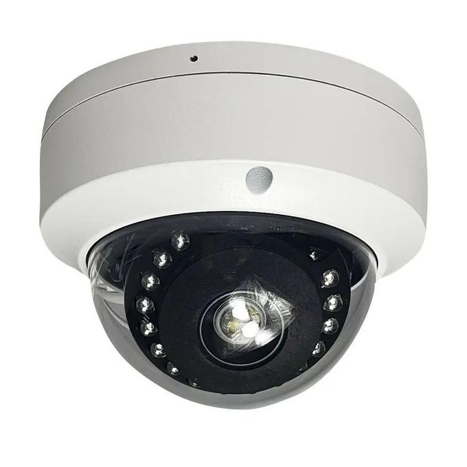 White dome security camera with a black lens and infrared LEDs around the ring