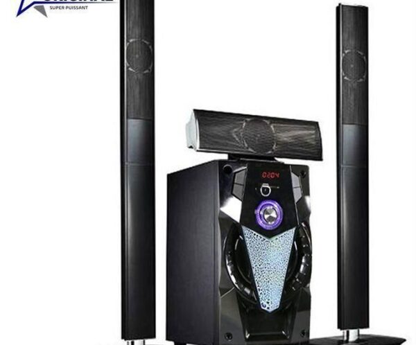Brand-name 2.1 speaker system: two tall black satellites and a central subwoofer with a purple-lit control knob, logo in top-left.