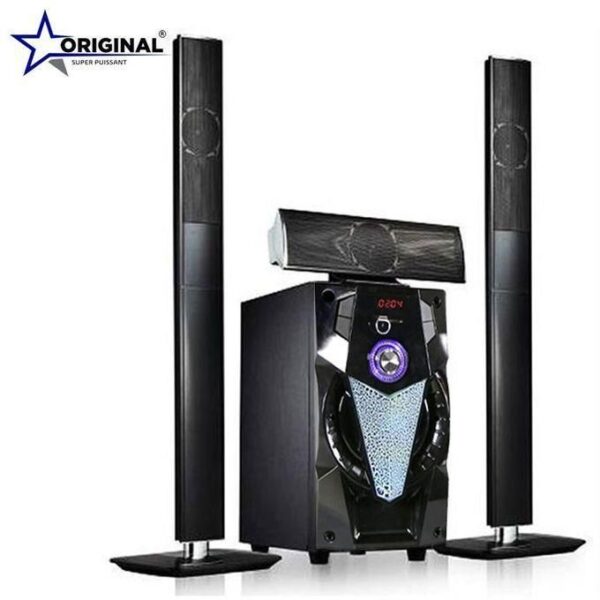 Brand-name 2.1 speaker system: two tall black satellites and a central subwoofer with a purple-lit control knob, logo in top-left.