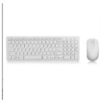 White wireless keyboard with numeric keypad and a matching mouse on a white reflective surface.